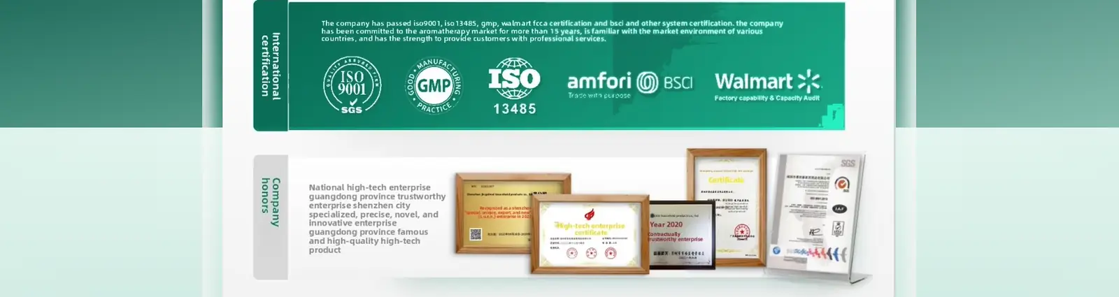 Qualification certification — ISO9001, ISO13485, GMP, BSCI, Walmart FCCA